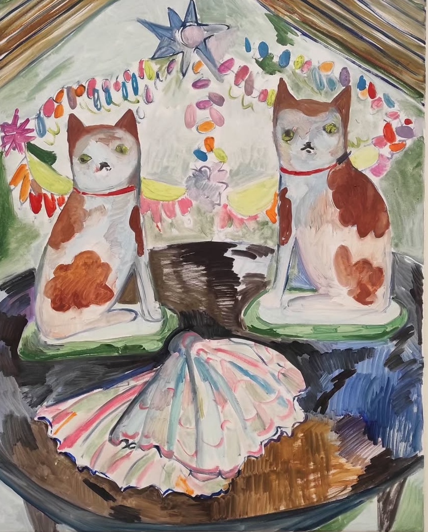 Lorenza Boisi, Two Sheffield Cats at my Birthday Party, Olio su Tela, 100x80cm, 2025, Courtesy of Traffic Gallery